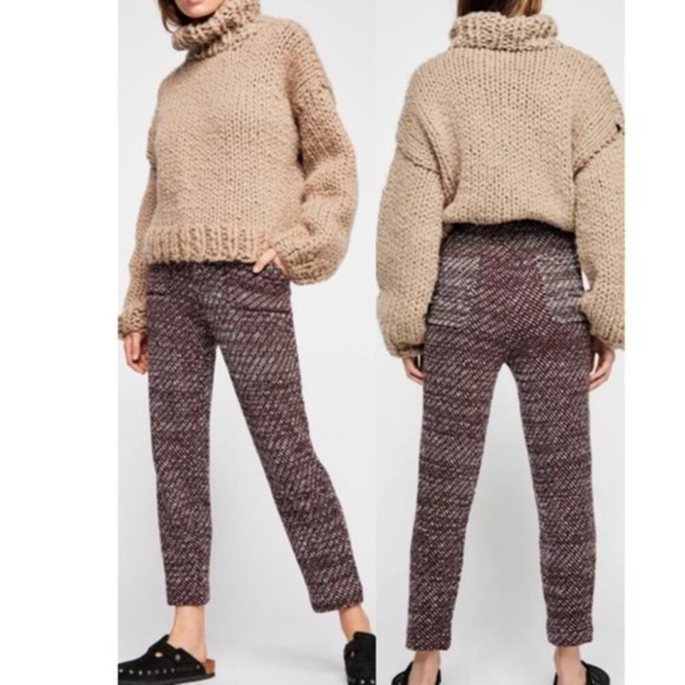 NWOT Free People Cozy Knit Deep Red Combo Pants. M